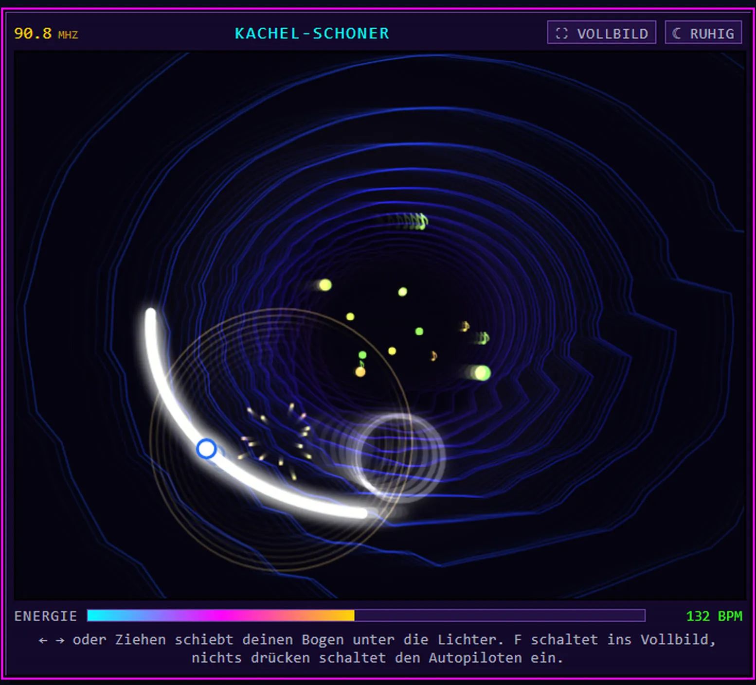 Screenshot von TUNNEL: ein leuchtender Tunnel aus blauen Ringen, davor ein weißer Bogen und bunte Fundstücke